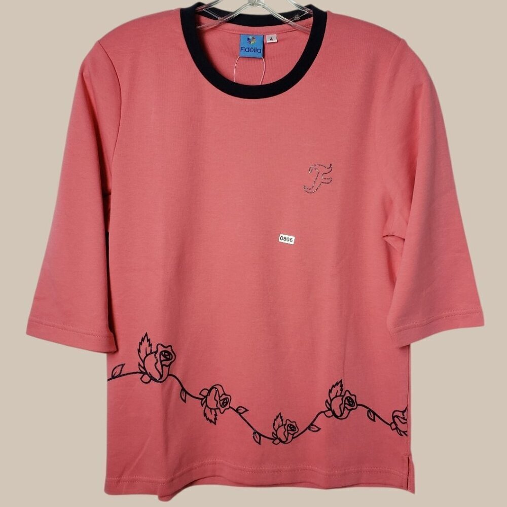 Fidelia 100%Cotton 3/4 Sleeve Top With Black Floral Print Tea Rose Pink Size 4